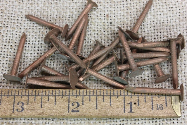1” Solid Copper 25 Nails 3/8” Round Flat Head Vintage Crafting Flashing Patina