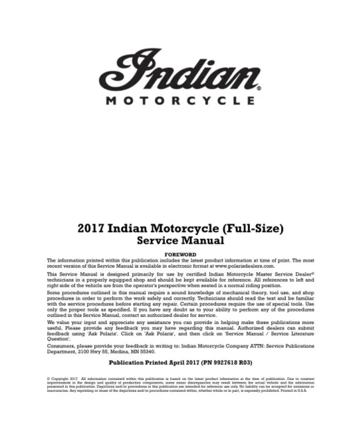 Indian Motorcycle Service Manual | 2017 | Full Size | CD