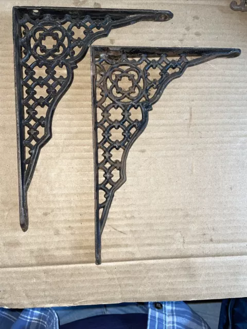 Antique Old Cast Iron Wall Shelf Brackets Ornate Eastlake Hardware Set Pair