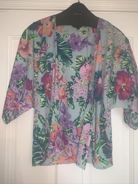 Silky Kimono Jacket Mint Green Pink Line Orange Lilac Tropical Print Size 8 Vgc