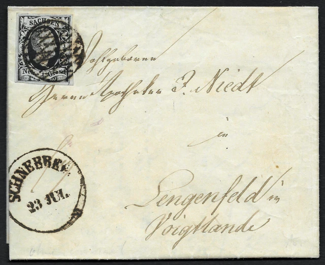 Sachsen 1851 _ Faltbrief Schneeberg - Lengenfeld frankiert mit 1/2Ngr. (MiNr. 3)