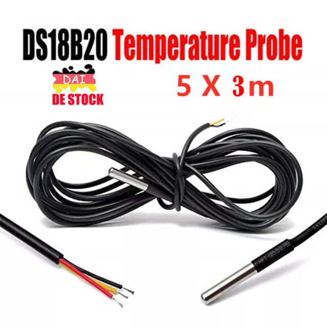 5x 3M DS18B20 Temperaturfühler Thermosensor Temperatur-sensor Wasserdicht Kabel