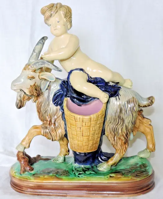 Minton or Holdcroft  Majolica Cherub riding a Goat