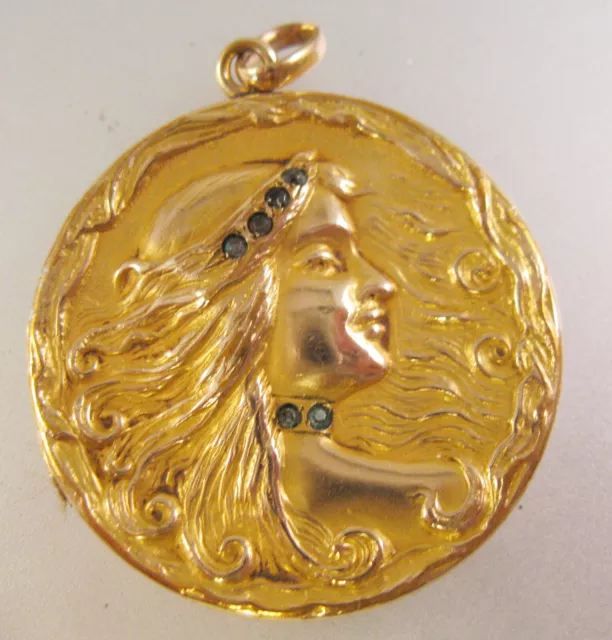 Antique Art Nouveau Paste Stone Round Gold Filled Lady Locket Pendant Victorian