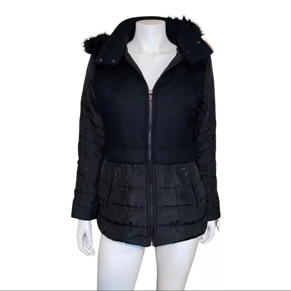 London Fog Faux Fur Trim Hooded Hybrid Knit Puffer Black Coat Size Small NWT