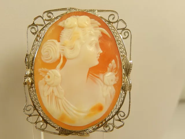 14k WHITE Gold Victorian CAMEO PIN Lady Corsage Carved Shell EXCELLENT Beautiful