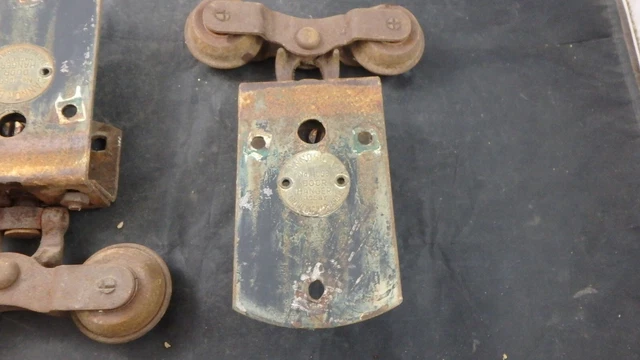 Two 2 Antique Cannon Ball Barn Door Rollers Hangers with Brackets BRASS TAGS #1 3