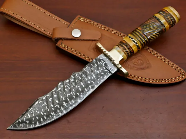 Rody Stan HANDMADE D2 ETCHING BLADE HUNTING BOWIE CAMPING KNIFE - ENGRAVED BONE/