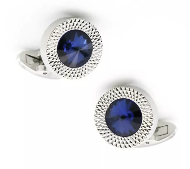 Stunning Round Silver Tone Cufflinks With Blue Stone FRENCH Wedding Business UK