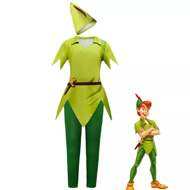 Kids Movie Peter Pan Cosplay Costume Green Elf  Party Tops Pants Pointy Hat Set