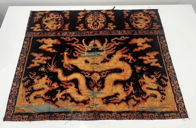 Rare Antique 18th Century Chinese Dragon Altar Panel With Gorgeous Black Silk