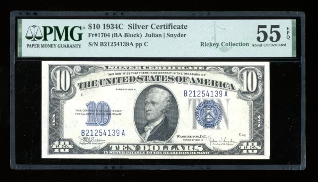 DBR 1934-C $10 Silver Fr. 1704 PMG 55 EPQ Serial B21254139A