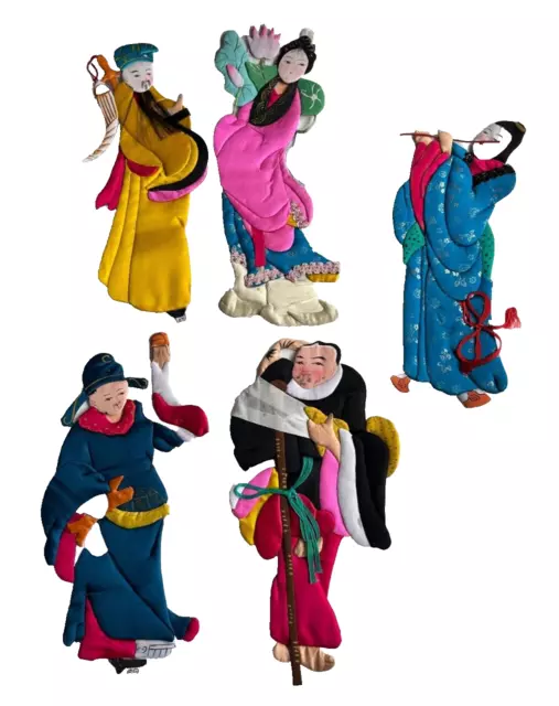 8 Vintage Chinese Traditional Silk Cloth Figures Lot 10" Paper Dolls Ornaments