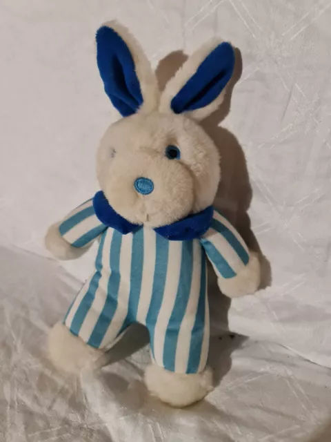 DOUDOU DODOT (idem Pampers) PELUCHE Vintage LAPIN  21/28 cm BLEU RAYE BLANC Tbé
