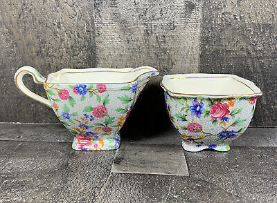 Royal Winton Grimwades  Pink Blue Flowers Chintz Creamer Sugar Bowl Set England
