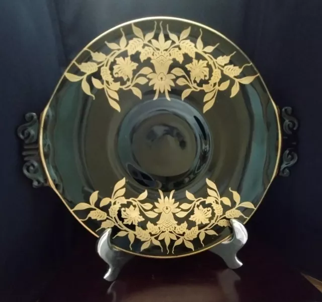 Imperial Glass Black Glass with gold ornate floral cookie Plate/handles