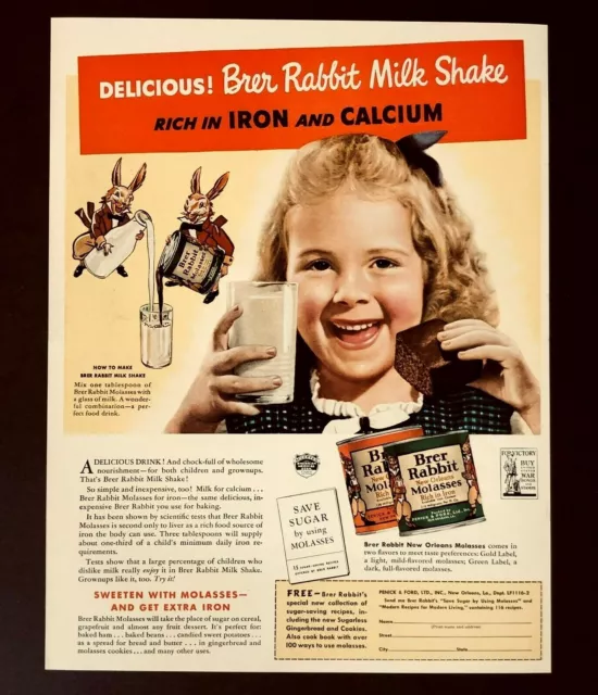 1942 Brer Rabbit Molasses Advertisement Milk Shake Bunny Art Vintage Print AD
