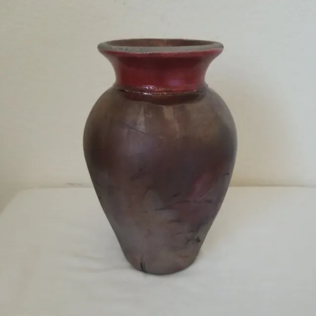 Studio Art Pottery Raku Vase Iridescent Art Pottery 8 3/8", glazed rim, Unique