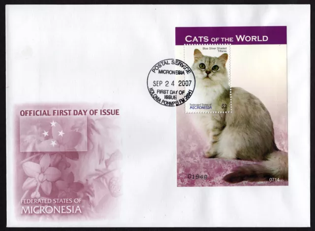 Micronesia, Scott # 755, Fdc Cover Cats Of The World Blue Silver Shaded Tiffanie