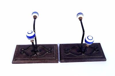 Pair Of Old Style Wooden Iron Ceramic Made Wall Hanger Vintage hook. i75-9 US