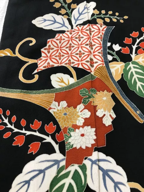 @@ Antique Japanese kimono silk fabric/ tomesode black/ folding fans FX61 2