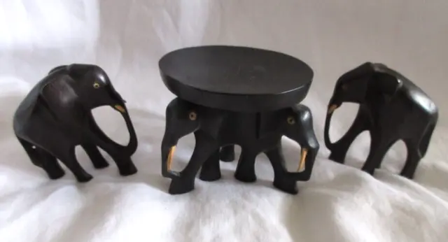 3 Piece Hand Carved Black Elephants One w/Stand and 2 Separate GUC