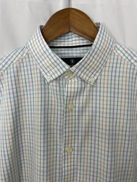 Hart Schaffner Marx Button Down Dress Shirt White Blue Tan Striped Men’s Medium