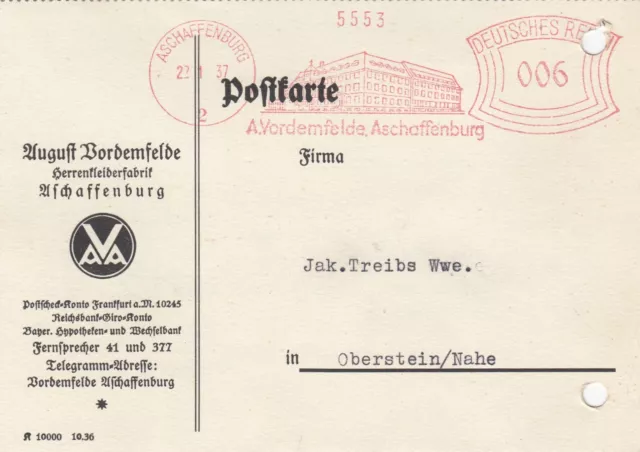 ASCHAFFENBURG, Postkarte 1937, August Vordemfelde Herren-Kleider-Fabrik