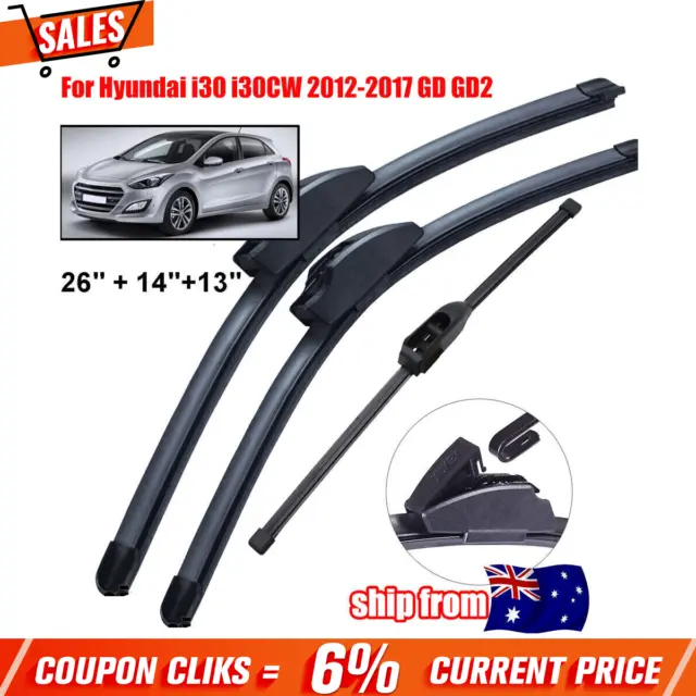 Front+Rear Windscreen Wiper Blades Kit 26"+14"+13" For Hyundai i30 GD GD2 12-17