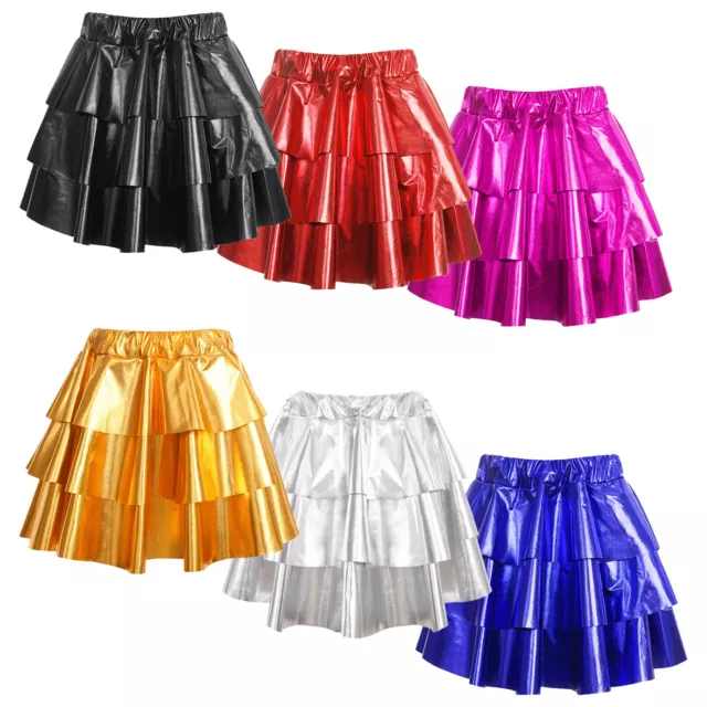 Kids Girls Metallic Cheering 3 Layers Dance Skirt Ballet Performance Recital