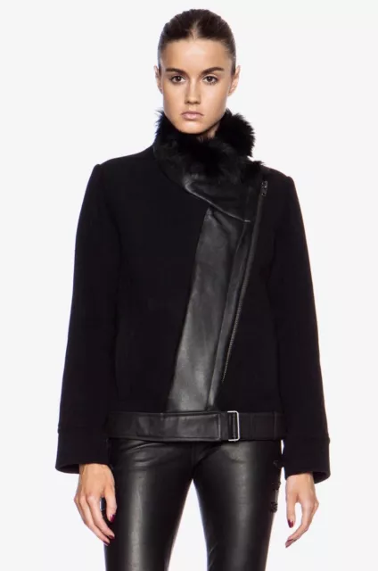 $1395 HELMUT LANG Shearling Fur Leather Wool Black Zip Moto Jacket Sz S