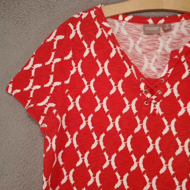 Chico's Blouse Womens 2 Large 12 Top Red White Patterned Lace Up Accent Neck 3