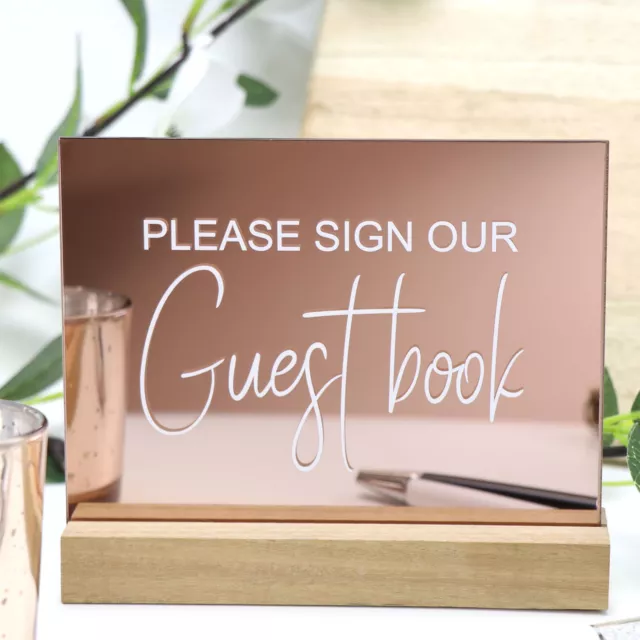 Rose Gold Acrylic Guest Book Sign With Timber Base Wedding Table Decoration