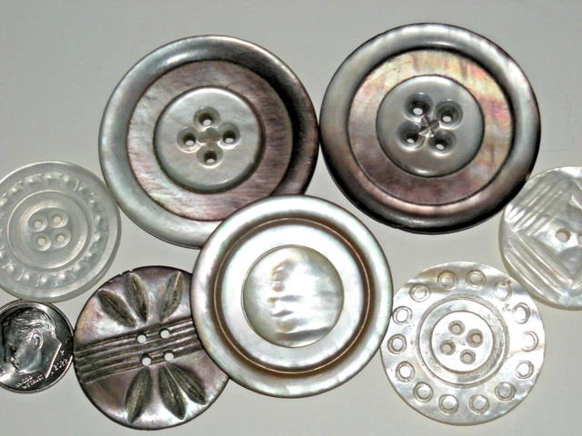 1 1/8"-1 5/8" Lot of 7 Large Carved Light Dark Mother of Pearl Antique Buttons