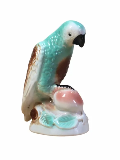 Vintage Ceramic Parrot Figurine Bird Sitting on Perch Made in Brazil 6 Inch