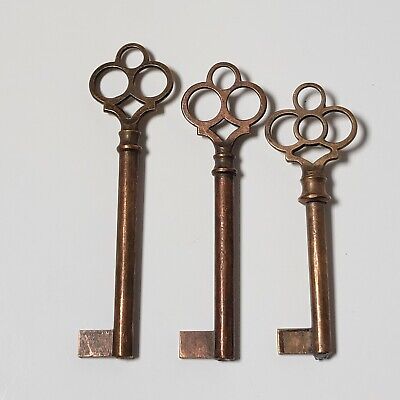 3 Vtg Ornate Uncut Brass Unfinished Manufacturing Skeleton Keys 2.75" - 3.25" 2