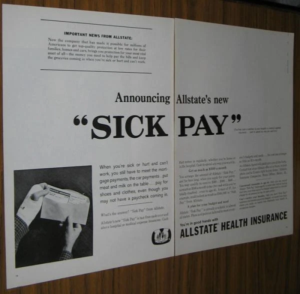 1963 Vintage Ad~Allstate Health Insurance~Sick Pay