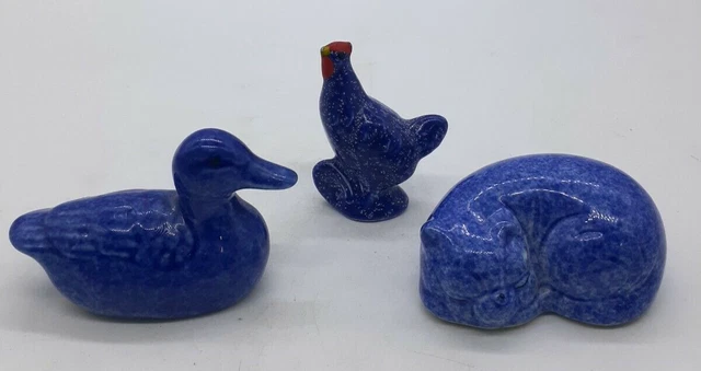 Vintage Ceramic Blue Speckled Miniature Figurines - Cat/Duck/Rooster - Non Match