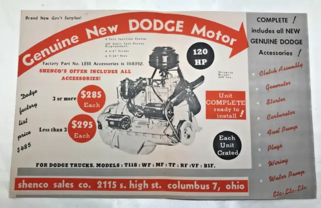 Rare 1940's MOPAR  Government Surplus Dodge Trucks 237 CI Motor Advertisement