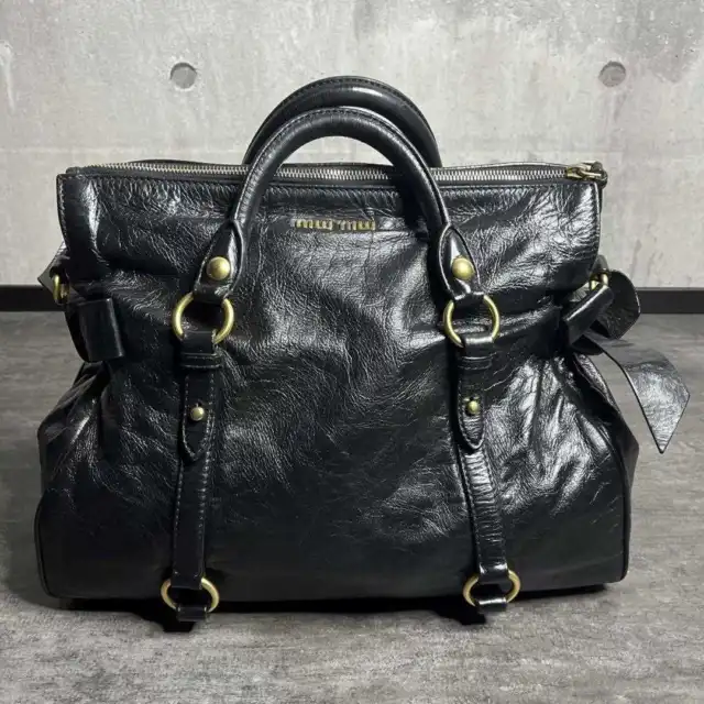 MIUMIU Hand Bag Leather Large Capacity VITELLO LUX Black women's USED FROM JAPAN