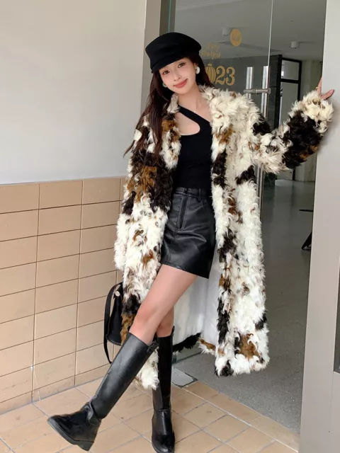Popular Women's Long Fur Trim Parka Cow Pattern Faux Fur Coats Winter Overcoats 2
