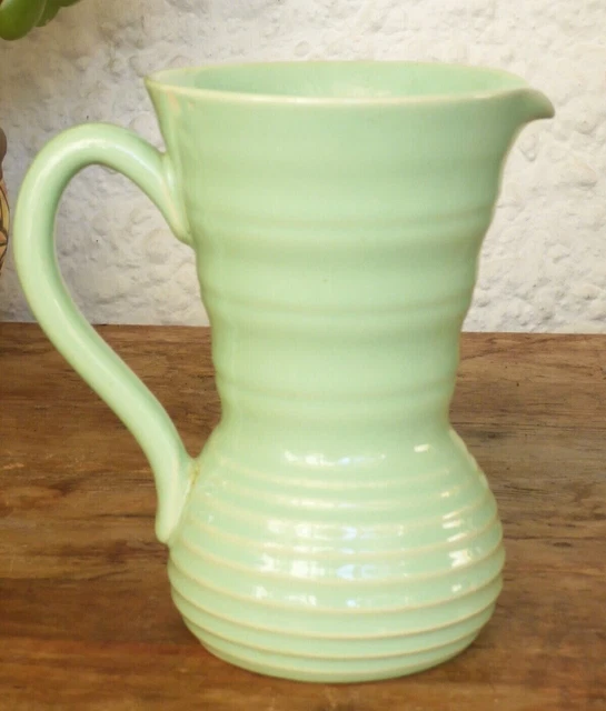 Vintage Green Stoneware Jug Pitcher Vase Lovatts 20th Century Art Deco Retro Exc 2