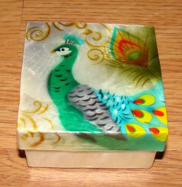 Airbrushed Peacock Trinket, CAPIZ (Shell) Jewelry Box (1210)