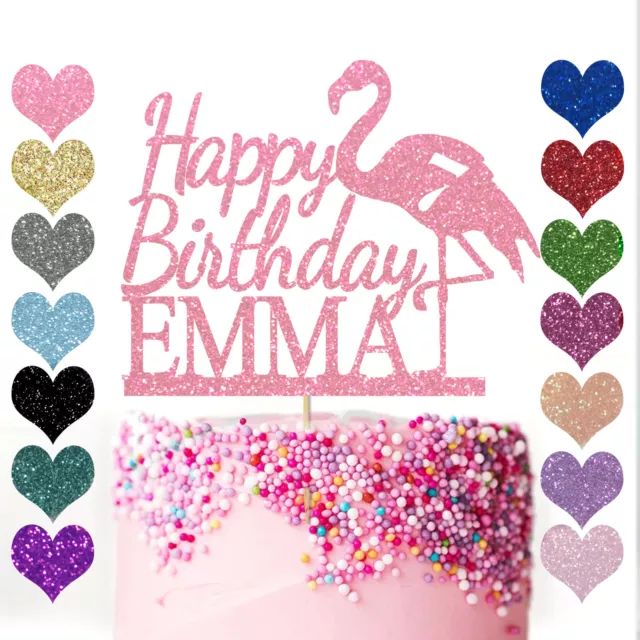 Personalised Cake Topper Custom Flamingo Happy Birthday Party Glitter Decoration