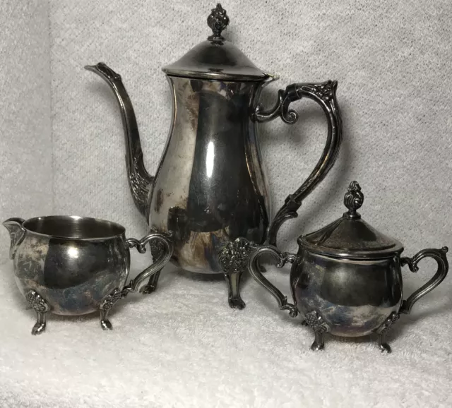 Vintage Silver Plate Leonard Coffee /Tea Pot Sugar & Creamer 3 Pieces Set Fancy