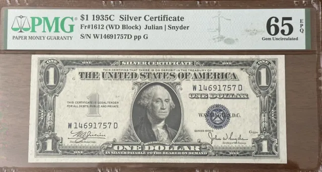 1935C $1 Silver Certificate Fr.1612(Wd Block)Julian/Snyder Pmg Gem Unc 65 Epq