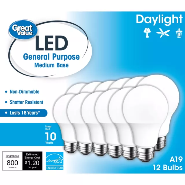 Great Value LED Light Bulb, 10W (60W Equivalent), Non-dimmable,  12-Pack