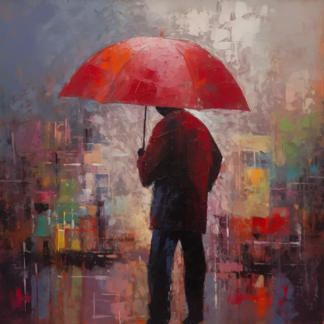 Abstract Oil Painting Red Umbrella Canvas Wall Art Picture Print Colourful