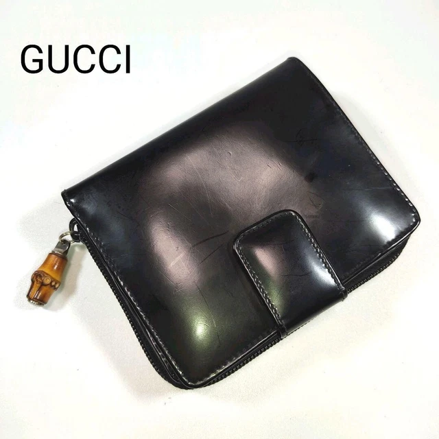 GUCCI Vintage Old Bamboo Zip Around Canvas Patent Leather Wallet Purse F/S