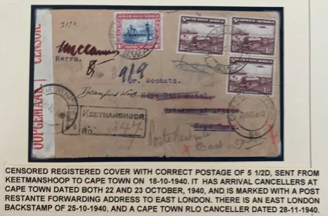 1940 Keetmanshoor South West Africa Censored Cover To Hope Bill Hotel Cape Town